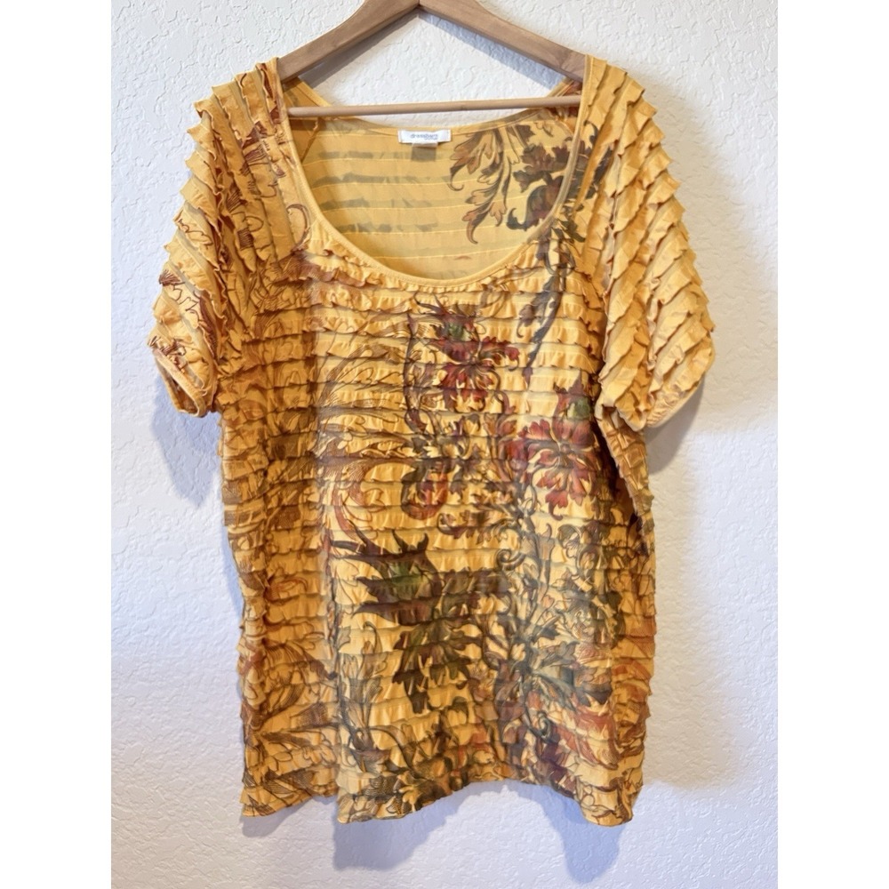 Vintage 90s Dress Barn Ruffles Top T Shirt Yellow Floral Stretch 3X Boho Cottage
